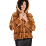 Золотистая норковая куртка, размер 44, длинные рукава, застежка на крючок, короткая, элегантная, женская, из меха.